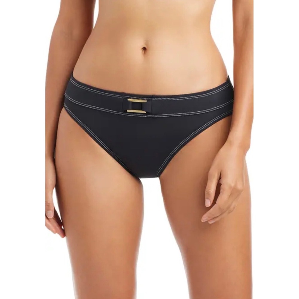 Bleu by Rod Beattie Black Contrast Stitch Bikini Bottom Gold Buckle Swim Size 14